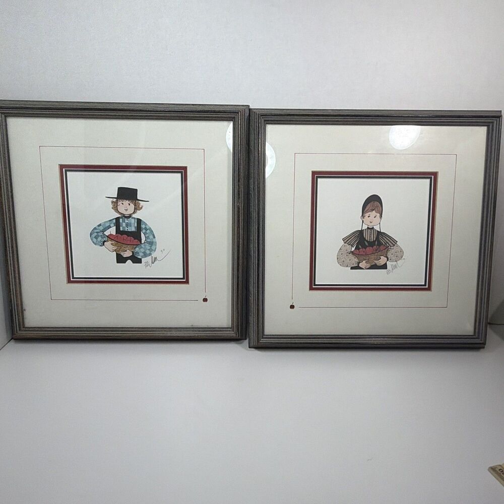 Set Of 2 Framed Set P. Buckley Moss Girl & Boy w Apple Basket Signed & Numbered